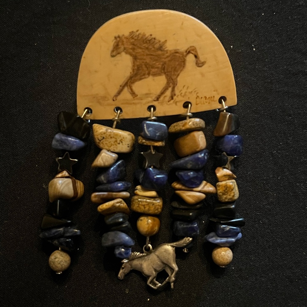 Vintage Horse Wooden Brooch with Blue and Brown Dangling Stones and charm